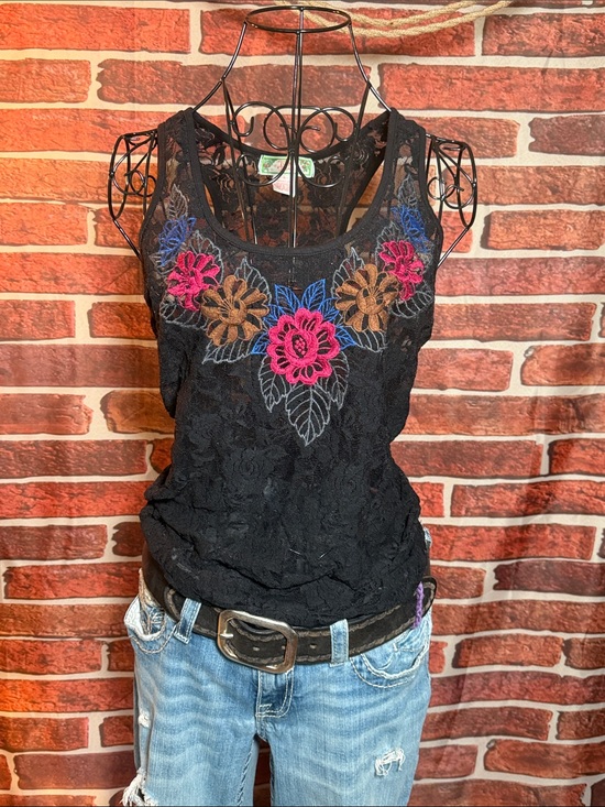 Flying Tomato Tops - 👚 Flying Tomato Lace Tank w/Racer Back Flower Appliqué Y2K — Black — Sz S / N